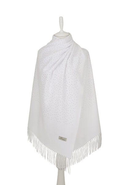 Bursa İpek White Solid Color Stoned Winter Shawl