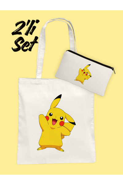 Hayali Şeyler Pikachu Desenli Bez Çanta ve Kalemlik Seti