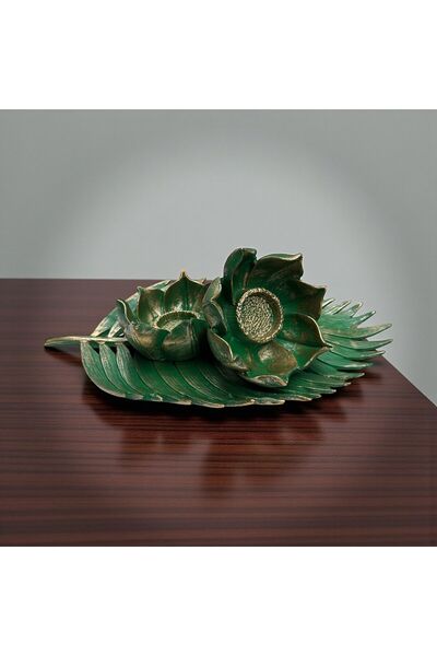Peramari Dekoratif Polyester İkili Çınar Yaprak Mumluk Yeşil Gold Eskitme