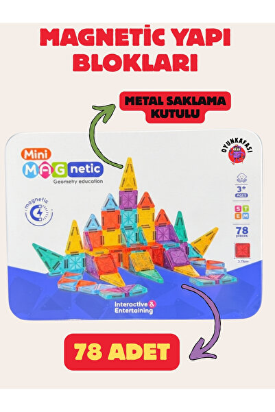 OYUNKAFASI MAGNETİC YAPI BLOKLARI 78 PARÇA - METAL KUTULU Manyetik Geometri Seti