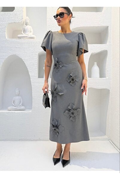 Butik Gri 3d çiçek işlemeli balon kol uzun elbise