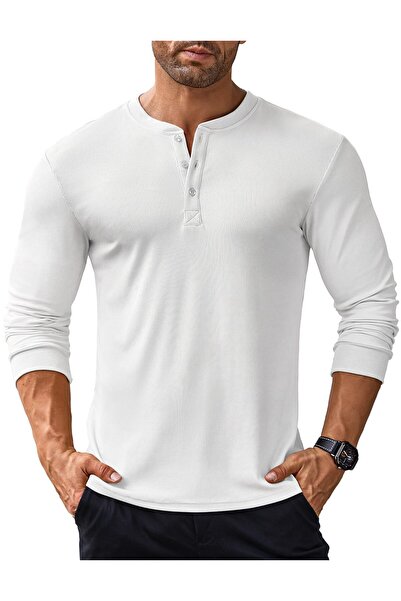 COOFANDY Men's Henley Shirt, Long Sleeve, Cotton, White, M