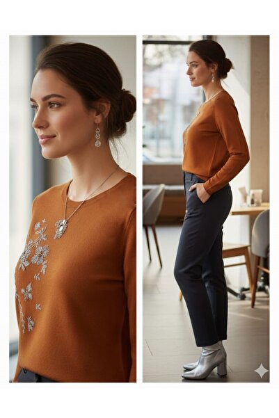 DİĞER1111 Günay Kadın Büyük Beden Bluz Lnst419 Yuvarlak Yaka Taş İşleme