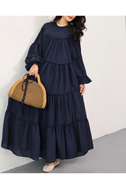 Modamorfo Elastic Sleeves, Tieable Waist, Layered Ruffle Detailed Dress - Navy
