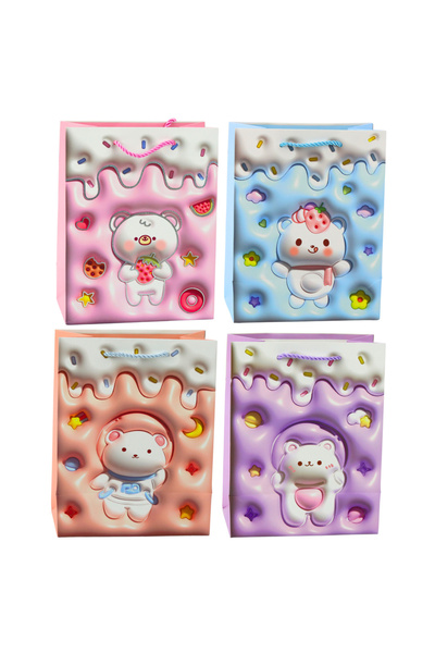 Three top online Pungă de cadou din hârtie cu ursuleț de pluș, culori pastelate