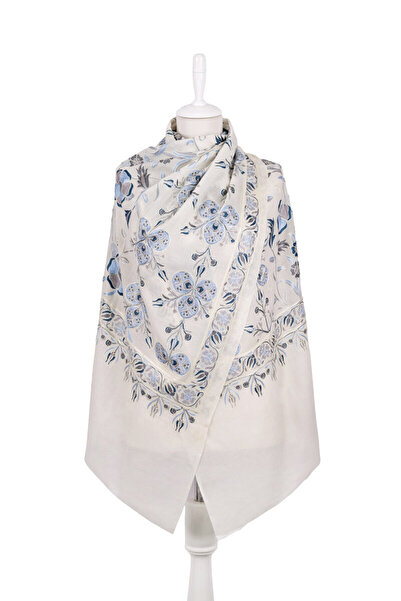 Bursa İpek Ecru Fully Embroidered Suzani Wool Shawl