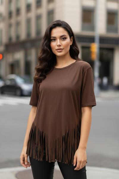 Mossta Велосипедна комір з бахромою Віскозна блузка - Кава