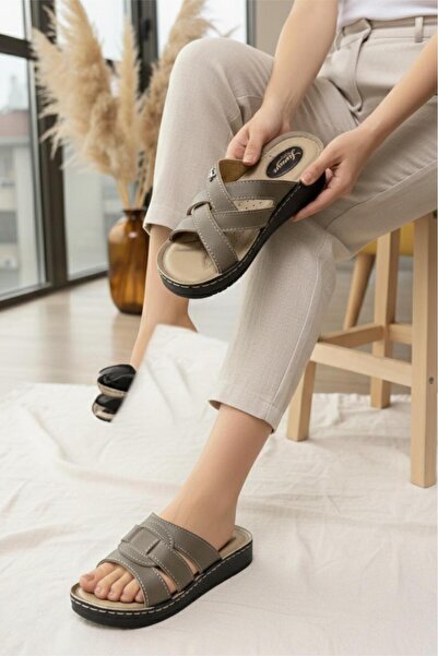 Oksit Rose Comfort Sole Daily Slippers Knitted Look Striped Anatomical Slippers