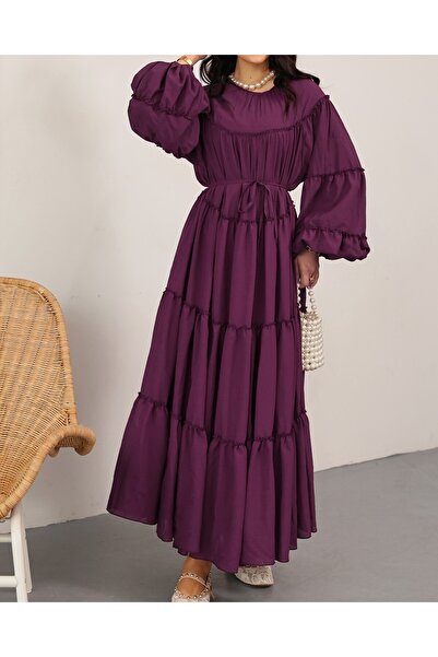 Modamorfo Layered Ruffle Detailed Dress with Elasticated Sleeves and Tieable ...