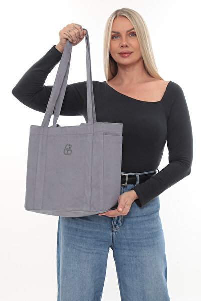 KOSTEBAG Vera Gri Renkli Nakışlı 340gr Gabardin Bez Çanta 34x31x14cm Çift Yan...