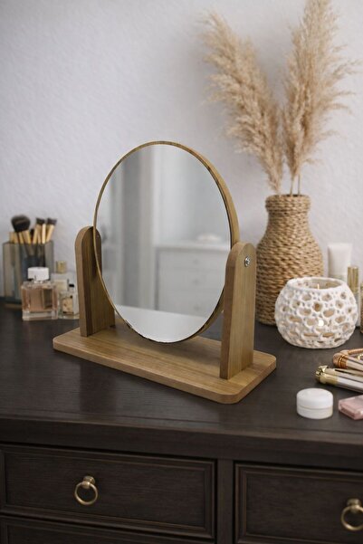 NEWNOW Ahşap Standlı Masaüstü Makyaj Aynası – Yuvarlak Dekoratif Masa Aynası