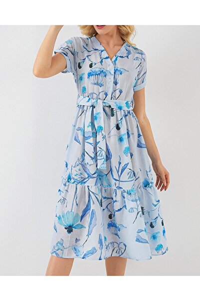 Modamorfo Women's Patterned Short Sleeve Dress 2558 - Blue