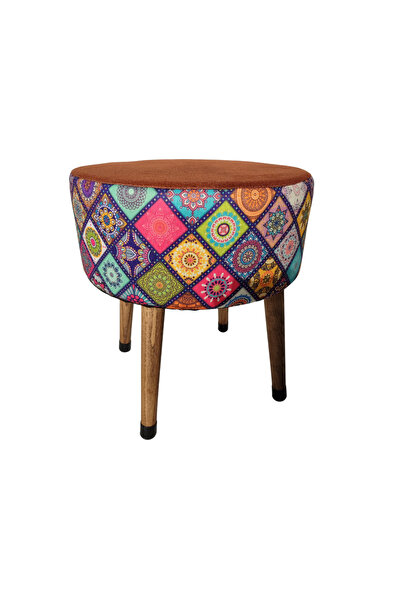 ustaagac Renkli Mandala Desenli El Yapımı Puf – Ahşap Ayaklı Dekoratif Oturma...