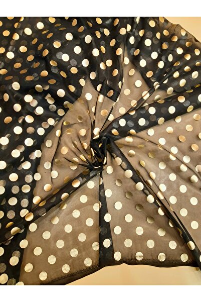 Safir Kumaş Abiyelik Siyah Zemine Gold Varak Baskı Puantiyeli Tül 1.70 Metre