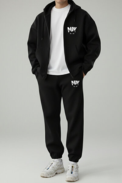 EFFRENATU Dark Men's Hooded Zipper Tracksuit Set – Oversized Sporty Elegance
