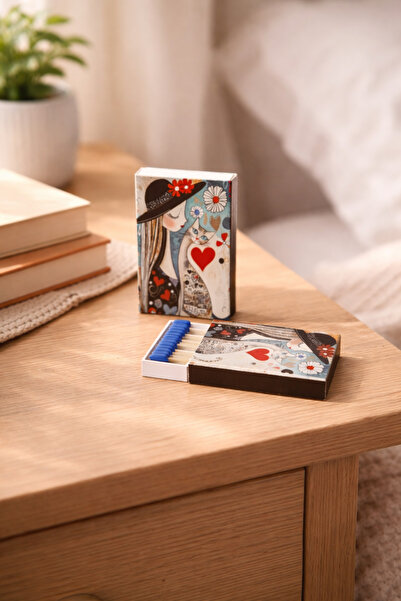 memyap Kız ve Kedi Desenli Fantazi Kibrit Seti – 2’li Dekoratif Kibrit Kutusu