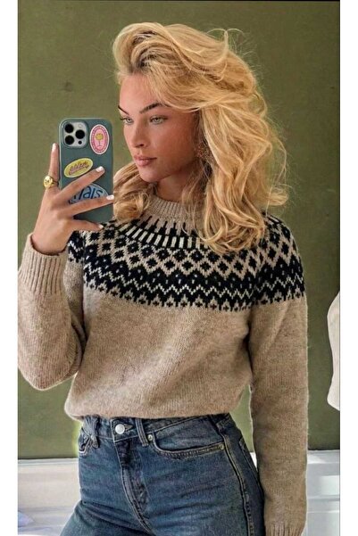 Azra Moda Style New Season Diamond Patterned Knitwear Sweater for Women