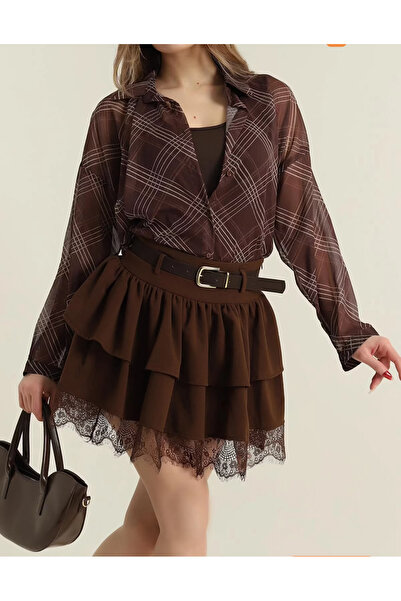jöns since 1997 Women's Plaid Pattern Chiffon Brown Shirt with Undershirt Inside