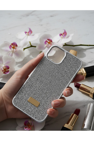 TeknoŞen حافظة فاخرة متوافقة مع آيفون 13/14 مرصعة بالألماس الفضي