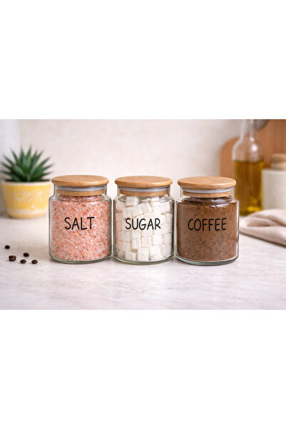Durina Living 3-Piece Wooden Vacuum Lid Glass Salt-Sugar-Coffee Jar Storage S...