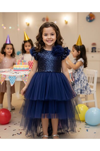 Butik Kız Çocuk Lacivert Payetli Tütülü Elbise