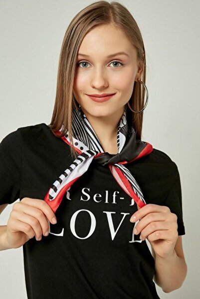 marsel aksesuar Black Polka Dot and Geometric Pattern Satin Bandana Scarf