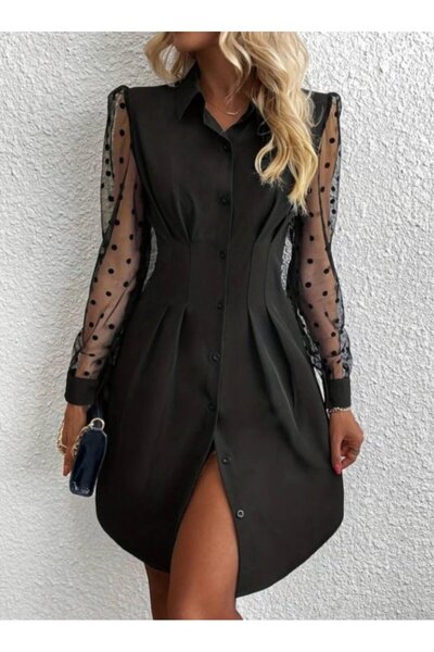 FRESCO SCARFS Women's Long Sleeve Collared Buttoned Mini Imported Crepe Dress