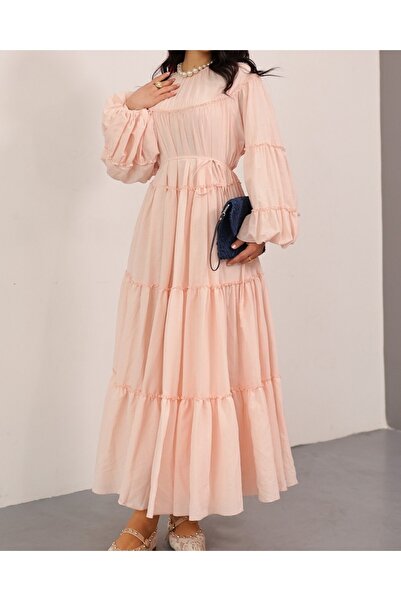 Modamorfo Elastic Sleeves, Tieable Waist, Layered Ruffle Detailed Dress -Powder