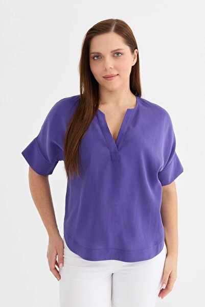 Selen Büyük Beden V Yaka Düşük Kol Etek Ucu Oval Bluz / MOR
