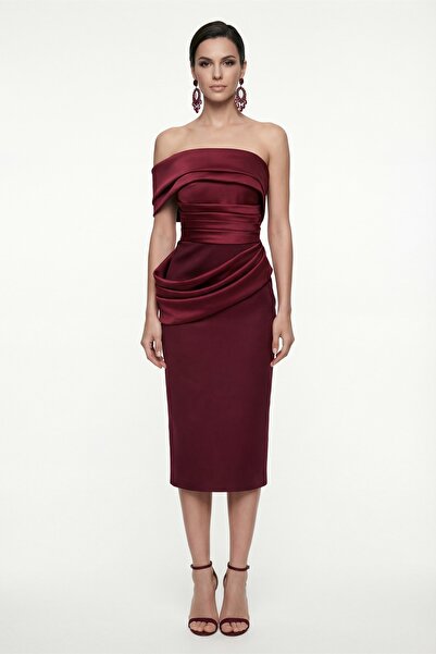 Lafaba Women's Burgundy Boat Neck Pleated Detailed Midi Engagement Wedding Ev...
