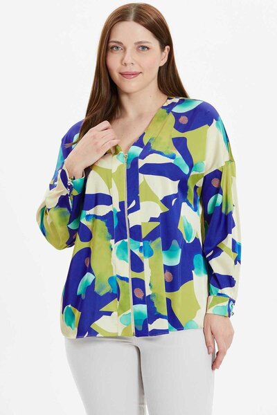 Selen Büyük Beden Soyut Desen Önü Fermuarlı Bluz / SAKS
