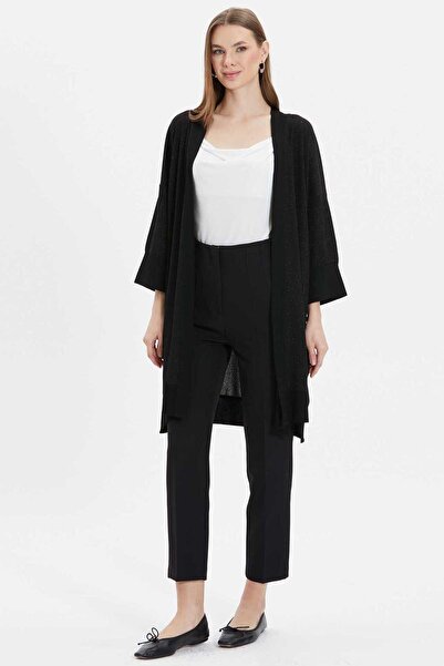 Selen Yanları Düğmeli Simli Uzun Hırka / SİYAH