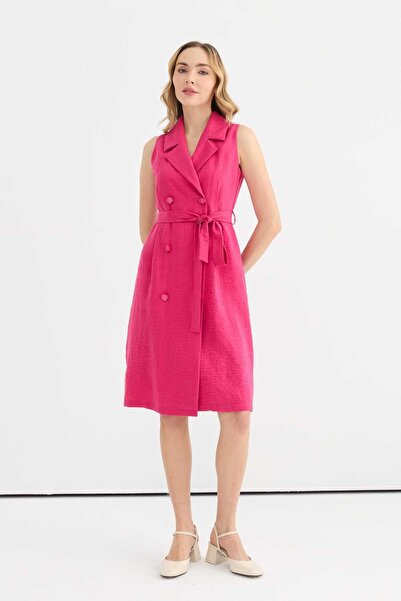 Selen Kruvaze Kendinden Kemerli Kolsuz Elbise / FUŞYA