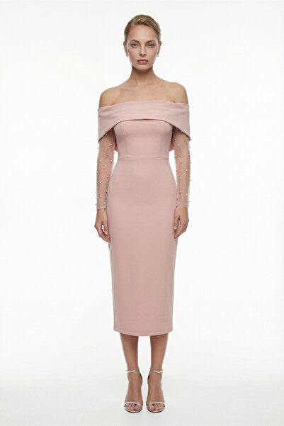 Lafaba Women's Powder Color Boat Neck Pearl Midi Promise Engagement Wedding E...