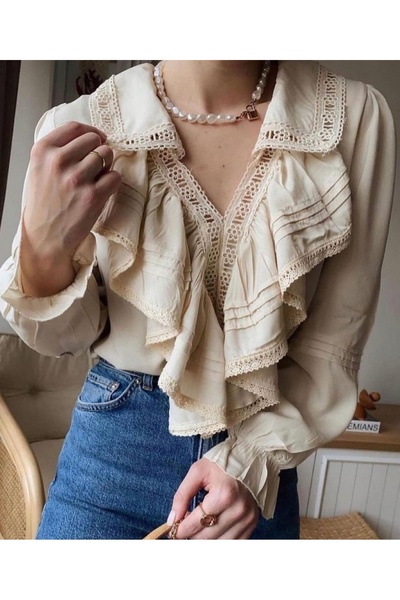 Sosyete Kaplumbağa Design Lace Guipure Detailed Vintage V-Neck, Flounced Blouse