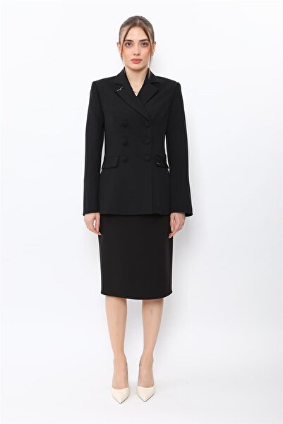 ÖNDER ÖZSOY Buttoned Classic Blazer Jacket & Short Pencil Skirt Women's Suit-...