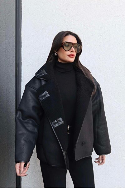 gm giyimarket Women's Suede Leather Plush Lined Oversized Model Coat Jacket
