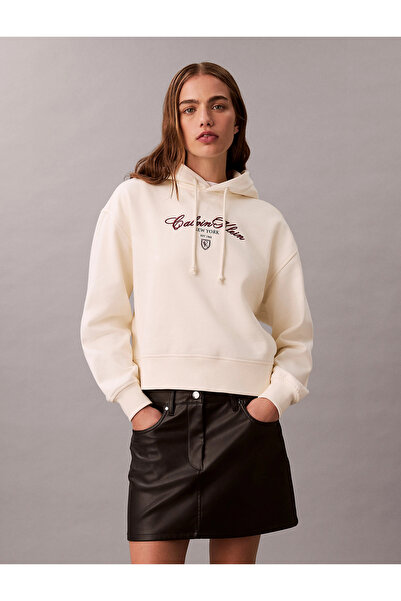 Calvin Klein Long Sleeve Short Graphic Hooded Women's White Sweatshirt Lv047E...