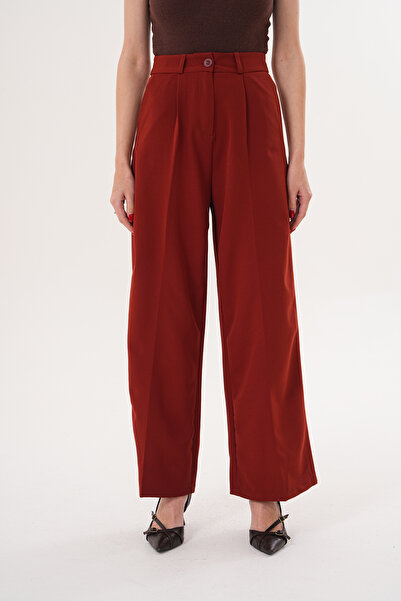 THE WOOW Women's High Waist Fabric Buttoned Pleated Palazzo Tile Pants