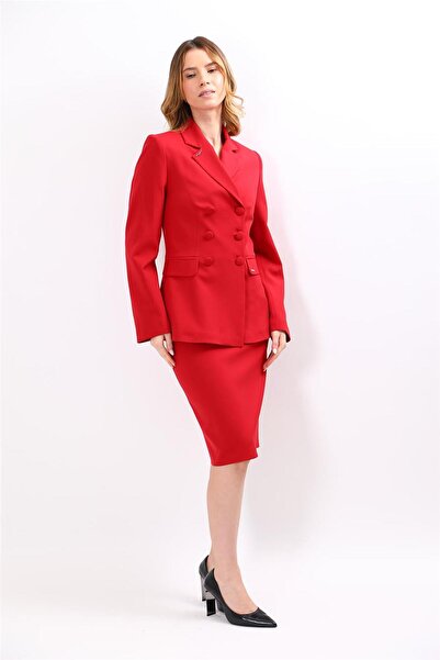 ÖNDER ÖZSOY Buttoned Classic Blazer Jacket & Short Pencil Skirt Women's Suit-Red