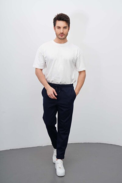 DI LORIA Men's Navy Blue Comfortable Fit Double-Legged Lycra Jogger Pants wit...