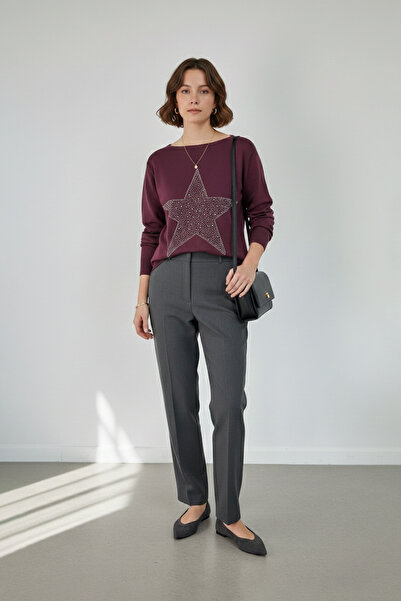 LAbute Kayık Yaka Yıldız Desen Parlak Taş Baskılı Merserize Triko