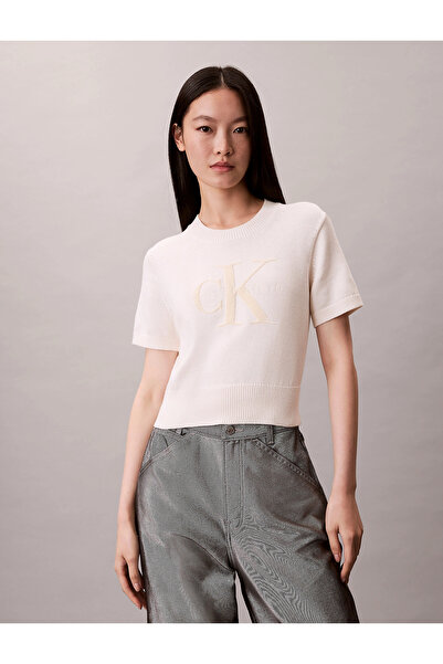 Calvin Klein Kalın Pamuklu Grafikli Süveter Kadın Beyaz Triko LV044E306G-YBH
