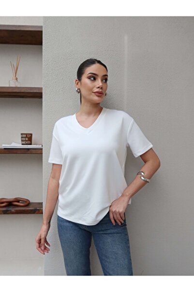 ESRAHELVACI Tricou alb cu decolteu în V uni Orj