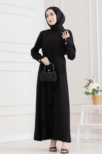 Sevitli Hijab Dress with Shoulder Buckle Detail - Black