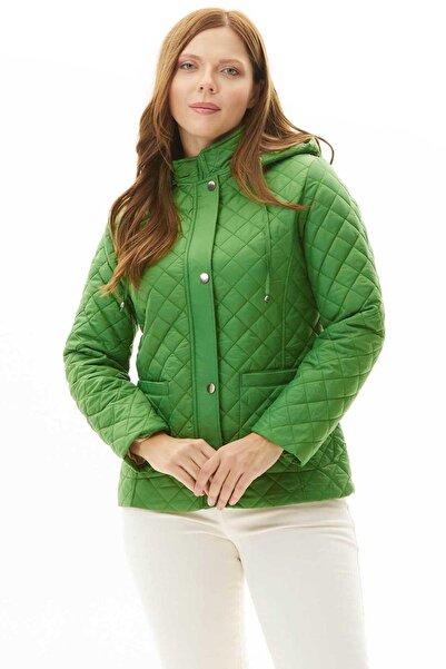 Selen Büyük Beden Dıştan Cep Kapüşonlu Kapitone Mont / YEŞİL