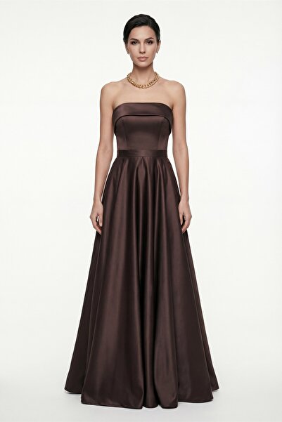 Lafaba Women's Brown Slim Fit Strapless Satin Flared Evening Dress