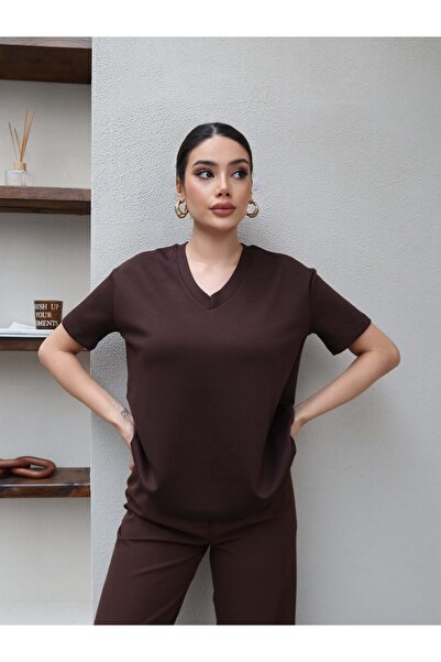ESRAHELVACI Coffee V-Neck Plain Orj Tshirt