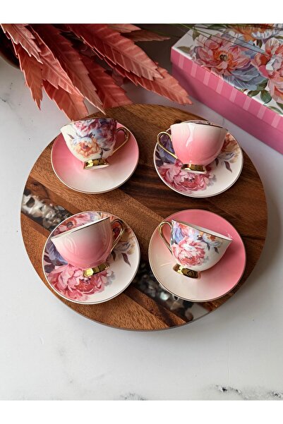 ROSSEV Porselen Türk Kahve Fincanı Takımı Peonia 6 Kişilik – Pembe Çiçek Dese...