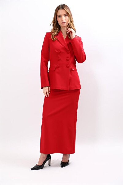 ÖNDER ÖZSOY Buttoned Classic Blazer Jacket & Long Pencil Skirt Women's Suit-Red